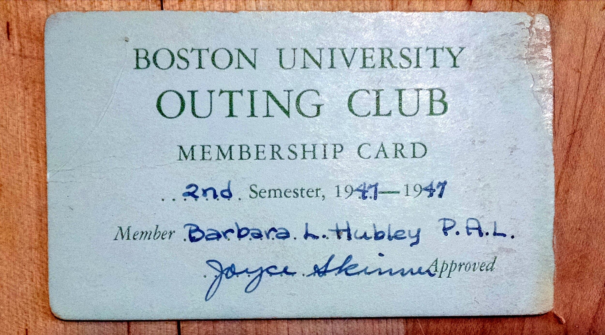 Vintage BU Outing Club membership card